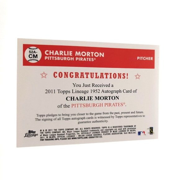 Charlie Morton 52A CM Pirates 2011 Topps Lineage 1952 Design Auto Collector - Picture 2 of 2